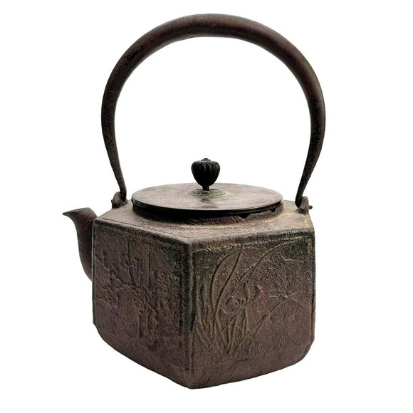 Japanese Cast Iron Teapot Copper Signed Hexagonal Antique Tetsubin CT407 - Picture 1 of 13